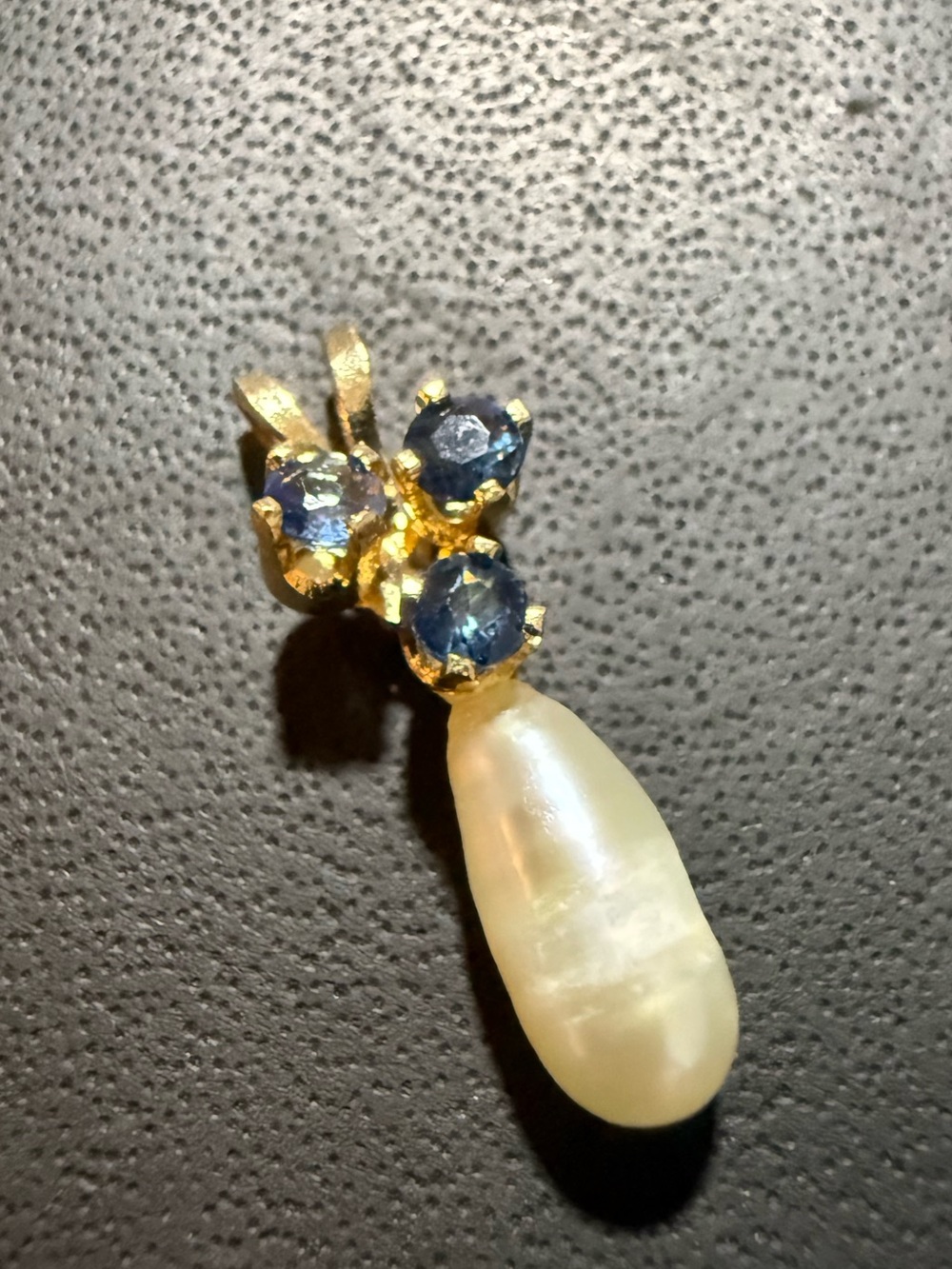 14k Gold Pearl Drop Pendant with Blue Stones